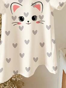 SHEIN 可爱卡通心形猫印花，女宝宝休闲宽松圆领短袖连衣裙，适合夏季