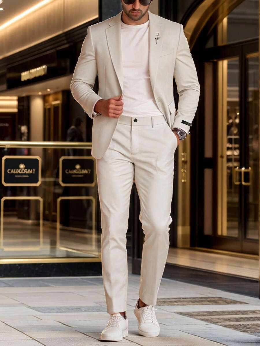 Calvornis Bộ vest nam cổ ve dài tay và quần âu thường ngày Bộ vest nam trang phục cưới trang trọng cho nam Bộ vest nam thanh lịch Bộ vest dạ hội cho nam Bộ vest cưới cho nam - Màu be - Xem 1