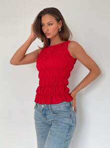 Roylia Women's Summer Casual Solid Color Round Neck Pleated Cami