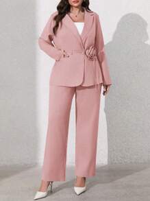 SHEIN Clasi 1 Set Women Plus Size 3D Flower Print Long Sleeve Blazer And Long Pants Graduation,Back To School,Teacher Outfits For Women - Pink - View 1