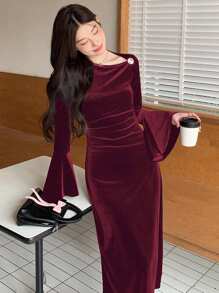 DAZY Rochie midi romantică de Ziua Îndrăgostiților, cu mâneci evazate, croială slim, pentru femei, elegantă de primăvară, rochie de toamnă, rochie cu mânecă lungă, rochii roșii de Crăciun pentru femei - Burgundia - Vizualizare 6