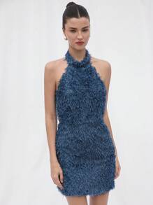 Revavyn Romantic Sexy Girly Party Mini Dress, Stand Collar Sleeveless Fitted Waist Bodycon Furry Fabric Design Elegant Fashionable Style For Summer - Dusty Blue - View 4