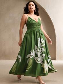 Anewsta 大码花卉印花 V 领收腰吊带连衣裙，优雅度假休闲装，女士春夏装 - 綠色 - 查看 6
