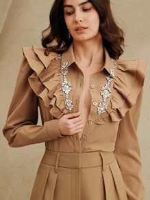 Anewsta Women's Elegant Modern Ruffle Trim Rhinestones & Beaded Detail Long Sleeve Blouse, Suitable For Spring, Summer, Holiday, Casual, Date Night, Festival, Going Out, Vacation - Khaki - View 5
