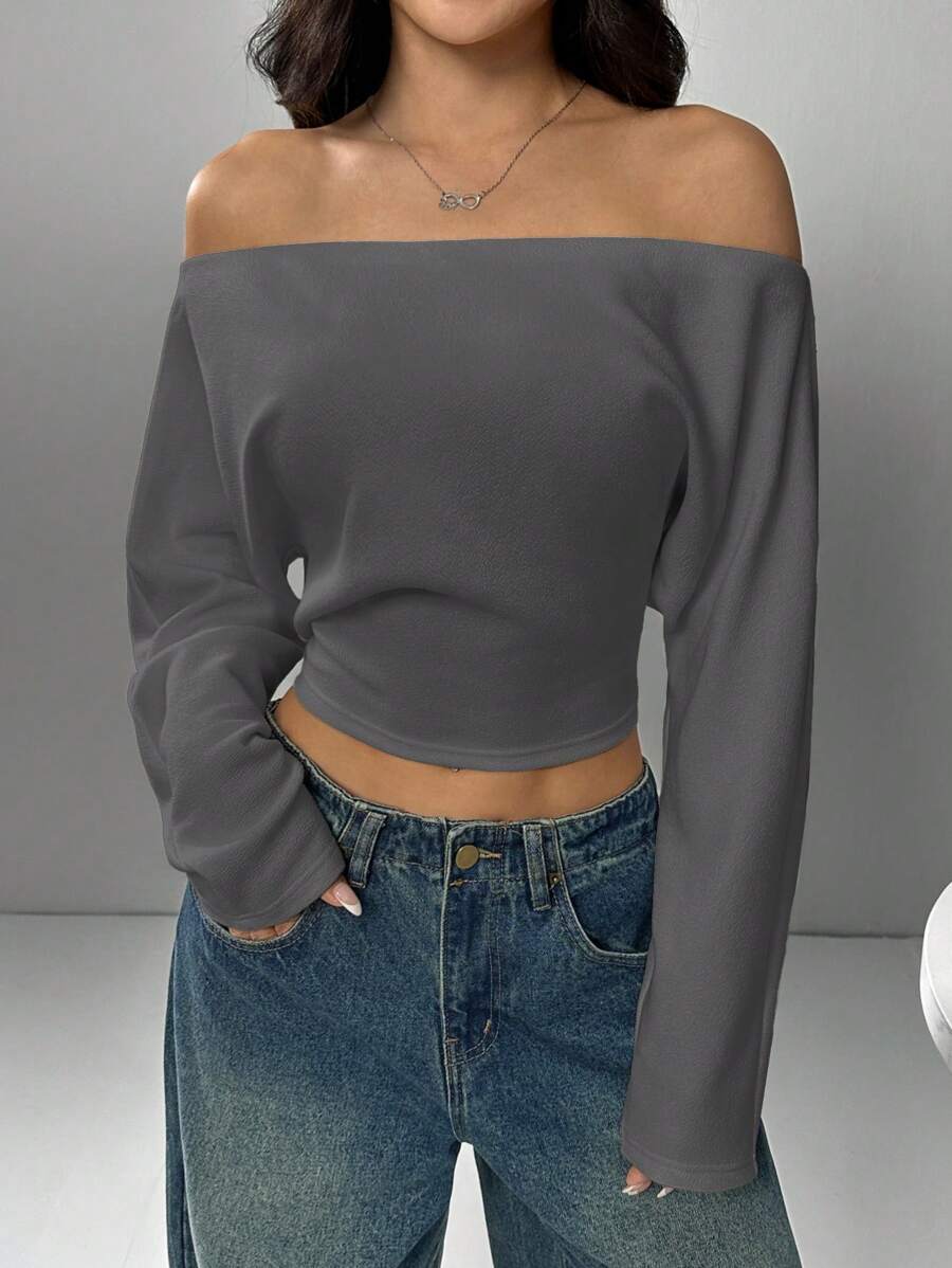 SHEIN EZwear 女士休闲简约纯色露肩短款 T 恤 - 灰色 - 查看 1