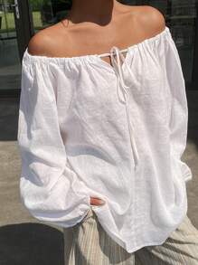 Livesso 女士宽松休闲沙滩度假风衬衫，夏季新款亚麻面料，秋季长袖露肩上衣 - 白色 - 查看 9