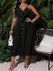 SHEIN Clasi 女士纯色节日细肩带连衣裙长款女装 - 黑色 - 查看 6