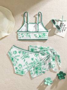 SHEIN Tween Girls Floral Print 3pcs Bikini Set - Side Tie Sarong Wrap & Mini Skirt - Multicolor - View 2