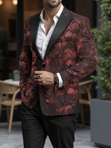 Manfinity Bizformal Men's Shiny Jacquard Pattern Suit Jacket - Red - View 2