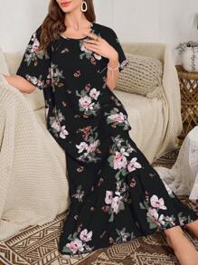 Serenescape Camisón largo con estampado floral y dobladillo con volantes abullonados