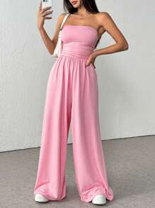 Flirla Women's Solid Color Casual Ruched Tube Top Loose Wide Leg Jumpsuit - Pink - View 3