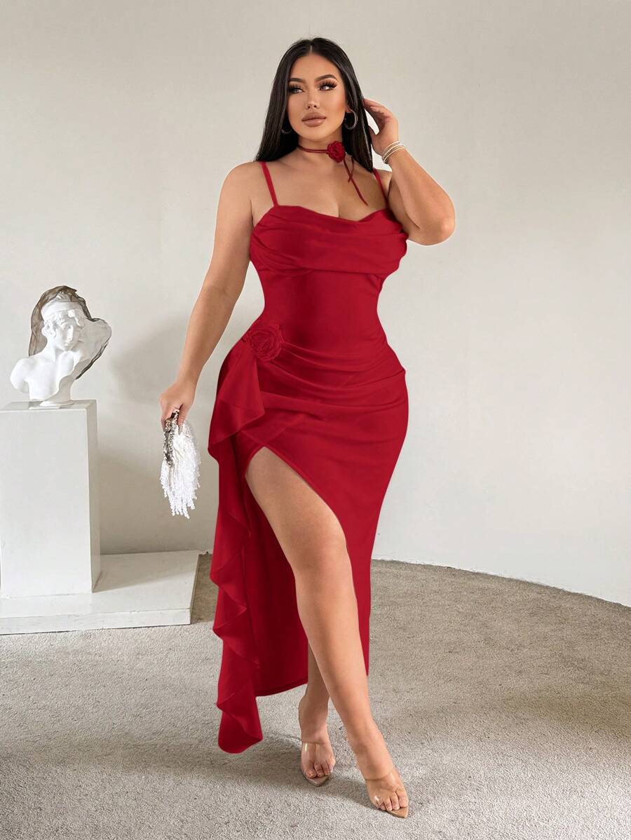 SHEIN SXY 大码女式优雅性感白色吊带背心高开叉花卉和荷叶边装饰紧身裙，适合舞会、宴会、派对 - 紅色 - 查看 1