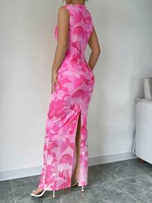 Rafferiza Váy đuôi cá thắt eo in hoa thanh lịch cho nữ, trang phục maxi mùa hè cho nữ - Hồng - Xem 2