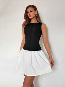 Roylia Women's Elegant Solid Color Round Neck Sleeveless Tight-Fitting Mini Ruffle A-Line Waisted Black & White Contrast Swing Dress