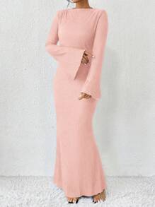 SHEIN Women's Summer Solid Color Slim Fit Long Sleeve Flared Dress Maxi Women Outfit Fall Cloth For Women - Baby Pink - View 4