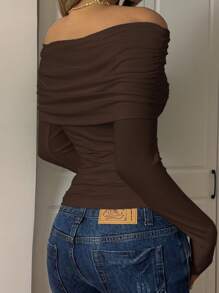 CovetEZ Brown Casual Knit Off Shoulder Ruched Fitted T-Shirt,Rave Top - Brown - View 4