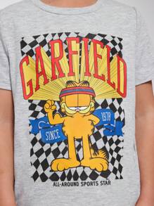 GARFIELD | SHEIN Camiseta de cuello redondo de punto con estampado de dibujos animados a cuadros para niño joven - Multicolor - Ver 5