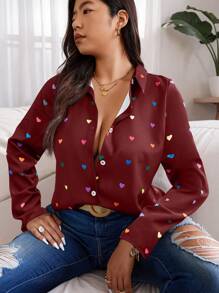 Calvaya Plus Size Burgundy Woven Fabric Blouse With Colorful Heart Print, Long Sleeves, And Collared Neckline For A Casual Style - Burgundy - View 1