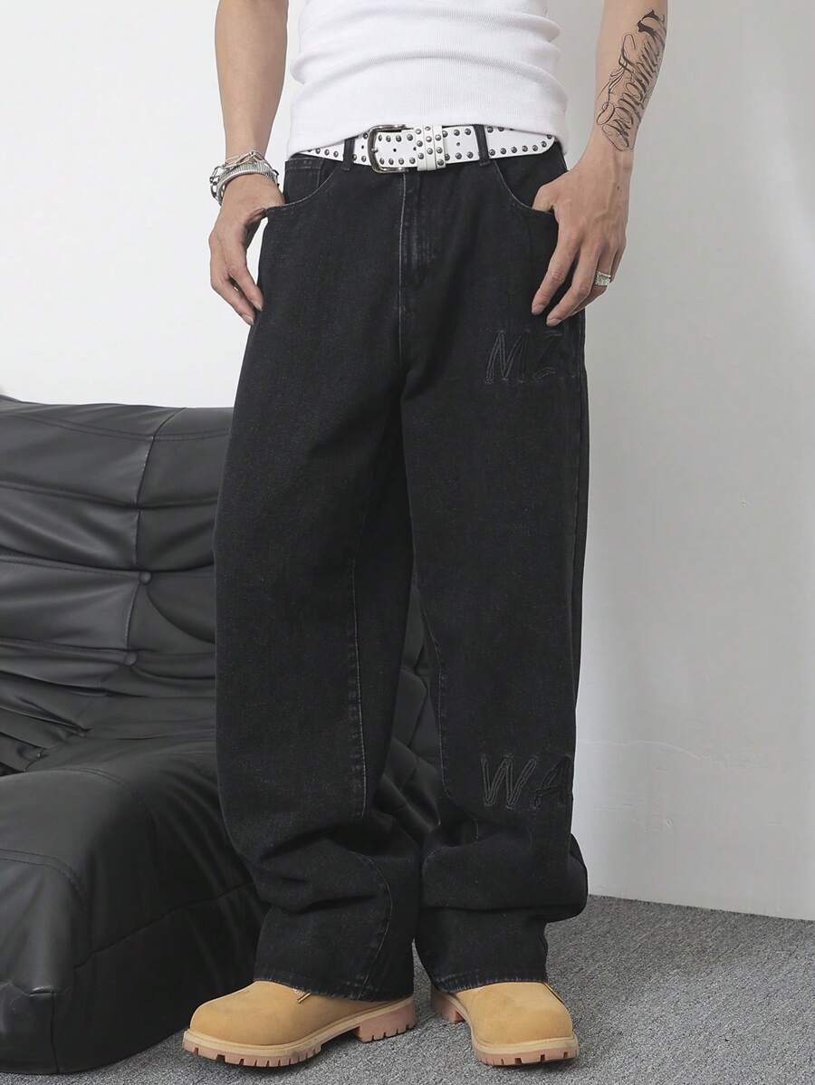 Manfinity Homme Men's Letter Embroidered Pocket Wide Leg Loose Black Jeans - Black - View 1