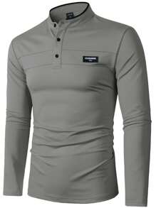 Manfinity Homme Camisa polo de manga larga de unicolor para hombres, minimalista y de moda para el verano - Gris - Ver 4