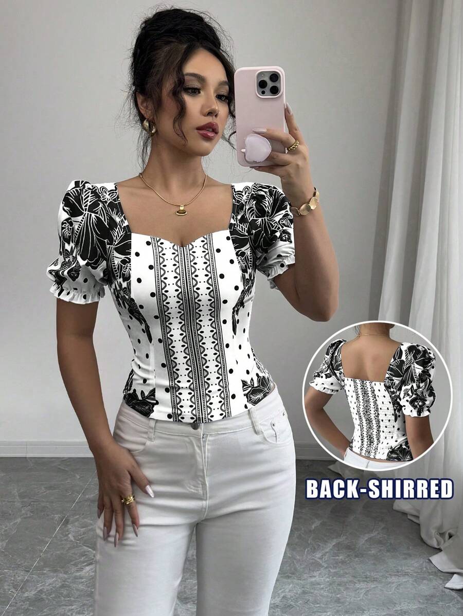 Elenzga 女式蓝白波西米亚印花方领泡泡袖短款上衣