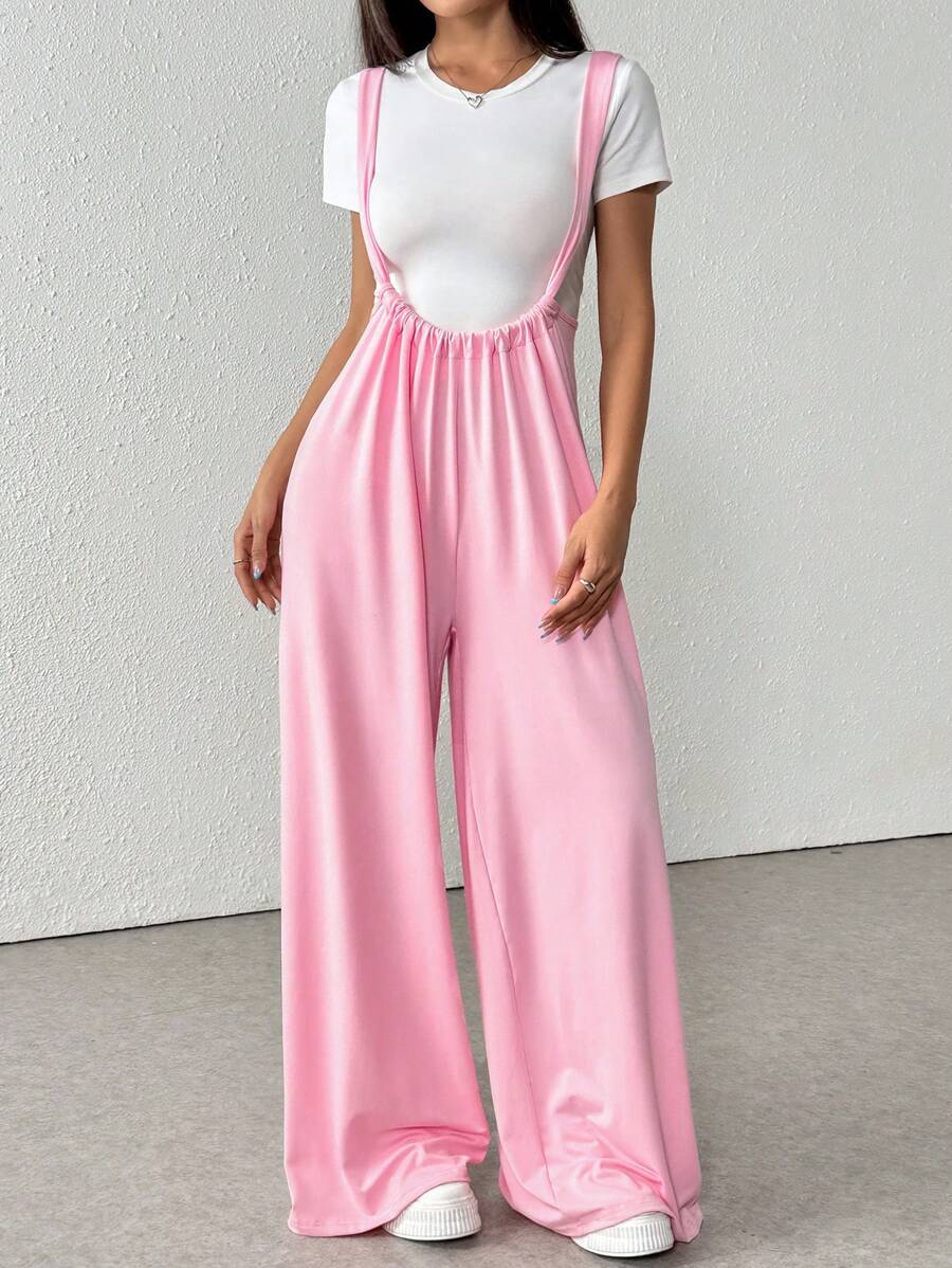 SHEIN Unity 简约纯色休闲背带阔腿裤 - 粉色 - 查看 1