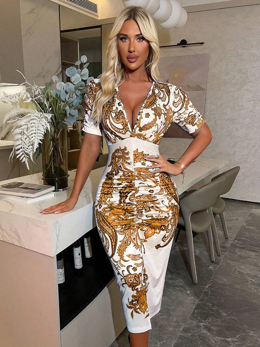 Xyvia Kỳ nghỉ lãng mạn & gợi cảm Đầm dài vừa vặn bèo nhún hoa hạt điều màu xanh trắng cho nữ - Màu vàng - Xem 1