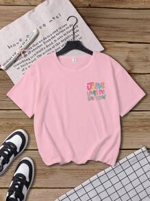 SHEIN 年轻女孩口号印花圆领短袖宽松休闲 T 恤