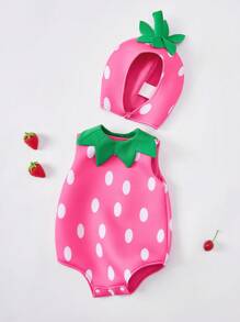 SHEIN 2pcs Newborn Cute Strawberry Outfit Set Includes Hat, Suitable For Performance, Photo Shooting, Amusement Park, Holiday Celebration - Pink - View 1