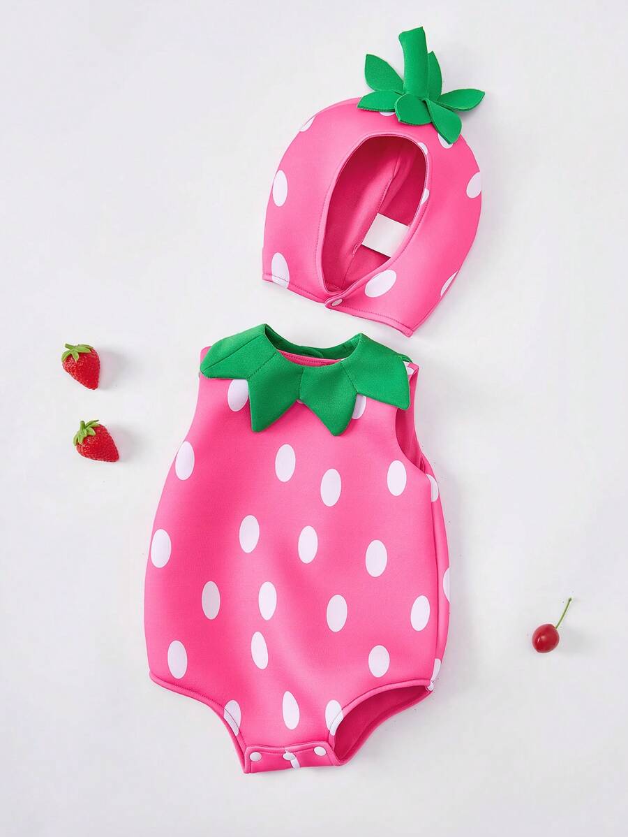 SHEIN 2pcs Newborn Cute Strawberry Outfit Set Includes Hat, Suitable For Performance, Photo Shooting, Amusement Park, Holiday Celebration - Pink - View 1