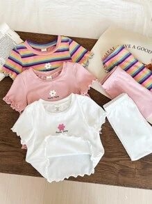 SHEIN Leap Crew 6pcs/Set Baby Girl Baby Girl Floral & Striped Ruffled Trim Short Sleeve Top & Pants Soft Pajama Sets - Multicolor - View 3