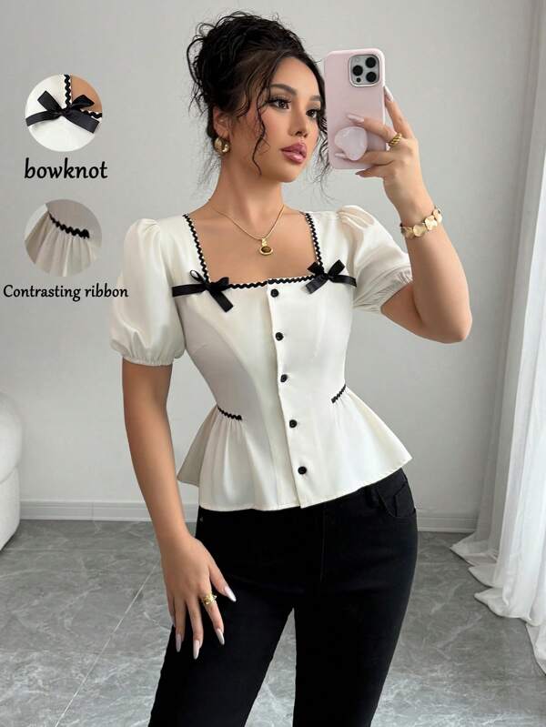 Elenzga Camisa de cuello cuadrado, a rayas y con bloques de color con lazo