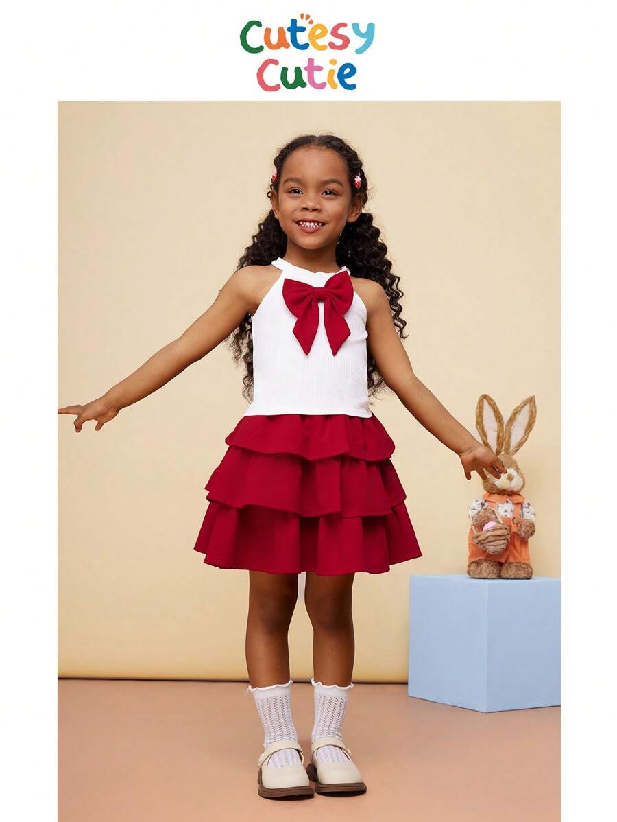 SHEIN CutesyCutie 2pcs Young Girl Plain Knit Sleeveless Top And Mini Skirt Set,Birthday Dresses For Kids,Summer Clothing Sets - Red and White - View 1