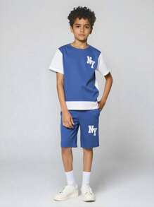 SHEIN Tween Boy Letter Print Crew Neck Short Sleeve T-Shirt And Shorts Casual 2 Pieces Set
