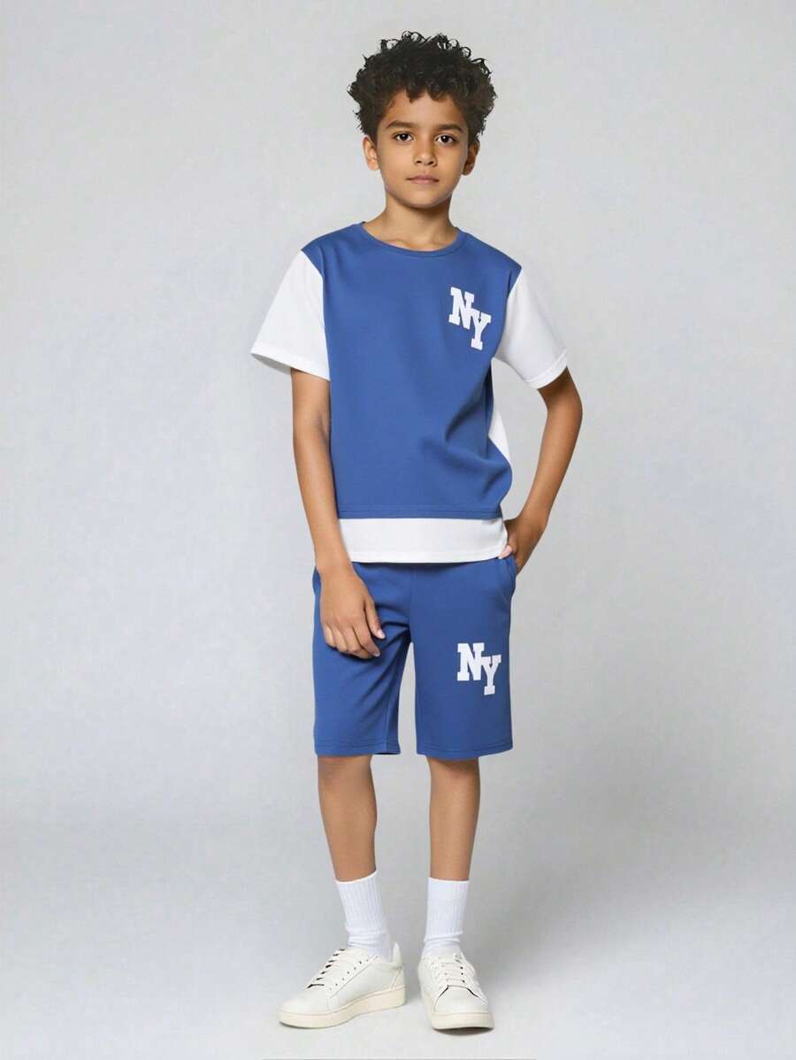 SHEIN Tween Boy Letter Print Crew Neck Short Sleeve T-Shirt And Shorts Casual 2 Pieces Set