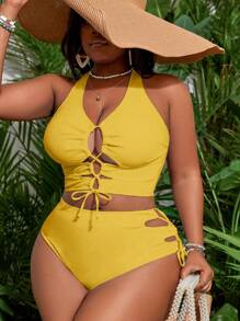 Slaydiva Bộ đồ bơi tankini buộc chéo màu trơn cỡ lớn đi biển - Màu vàng - Xem 5