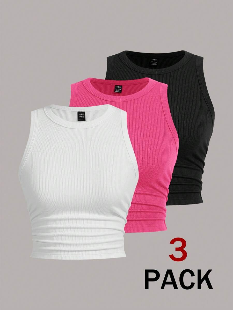 SHEIN EZwear 女士多色针织休闲百搭修身吊带背心 - 玫紅色 - 查看 1