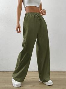 SHEIN EZwear Pantalones holgados de algodón y lino de albaricoque con cintura con cordón y bolsillos en diagonal