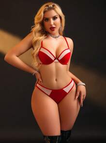 EmpressEnvy 女士拼色钢圈文胸和内裤套装 - 紅色 - 查看 3