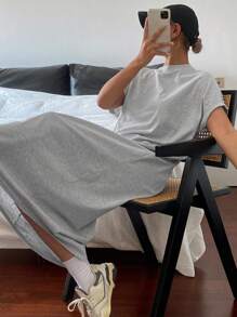 Livesso Summer New Loose Casual Solid Color Round Neck T-Shirt Style Women Mid-Length Dress Sundress - Grey - View 3