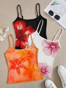 SHEIN EZwear 3pcs Set Casual Tropical Flower Print Cami Top, Vacation Attire For Spring Suitable For Going Out - Multicolor - View 1