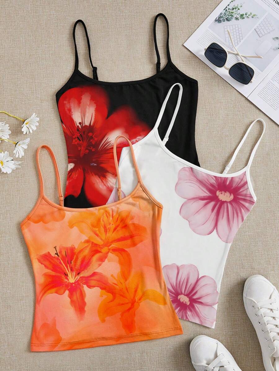 SHEIN EZwear 3pcs Set Casual Tropical Flower Print Cami Top, Vacation Attire For Spring Suitable For Going Out - Multicolor - View 1