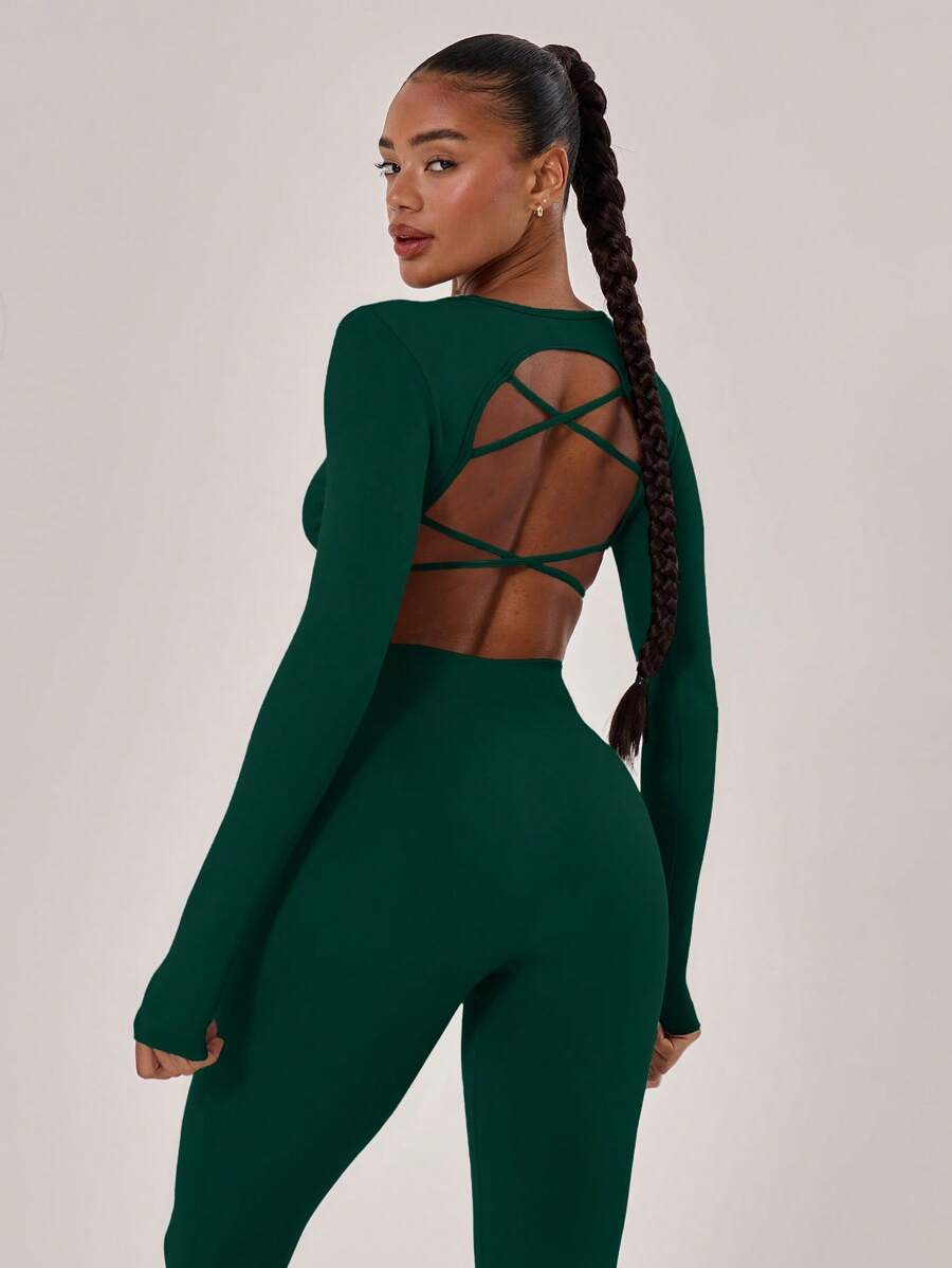 Musera Sport Cross Back Crop Long Sleeve Gym Top , Padel, Tennis, Pickleball Gym Fitness - Army Green - View 1