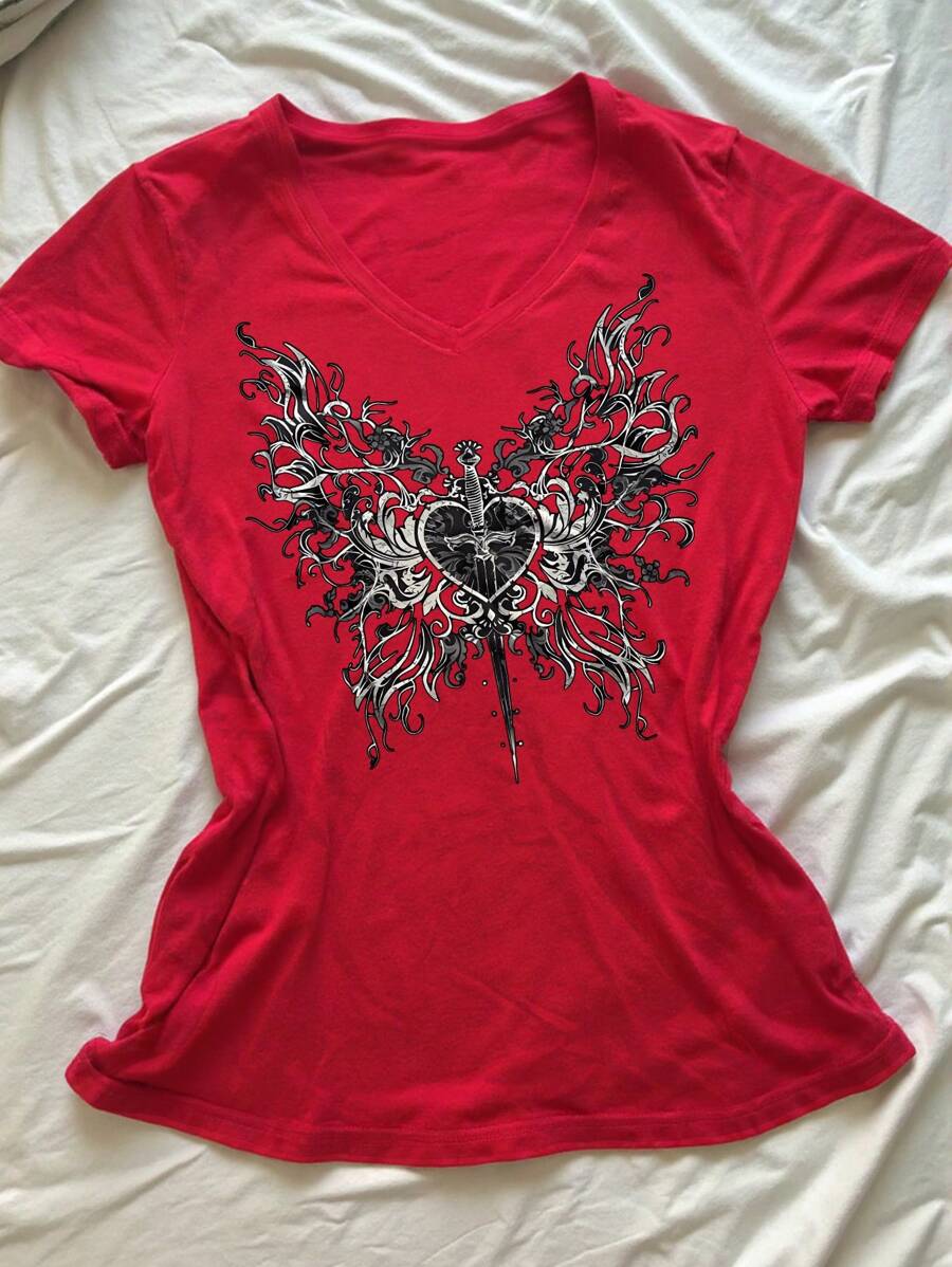 INAWLY 女士蝴蝶和心形印花 V 领休闲短袖 T 恤，复古 Y2K 美学街头服饰 - 紅色 - 查看 1