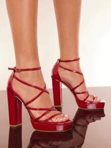 SHUZIA Giày cao gót quai chéo mắt cá chân cho nữ - Màu Đỏ Sâu - Xem 2