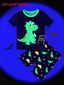 Young Boy Cute Cartoon Dinosaur Print Contrast Color Round Neck Short Sleeve Shorts Comfy Pajamas 2 Pieces Set - Black - View 1