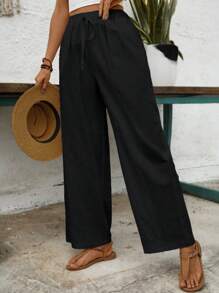 EMERY ROSE Vacation Casual Solid Color Loose Straight Leg Pants Fall Cloth For Women - Black - View 5