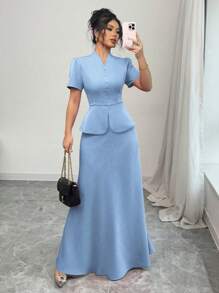 SHEIN Unity 2 件套女士后系带中式单排扣上衣和 A 字纯色裙子套装 - 藍色 - 查看 5