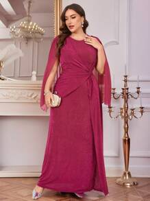 SHEIN Clasi Plus Size Women Solid Color Round Neck Split Sleeve Waist Twist Elegant Dress - Red Violet - View 1