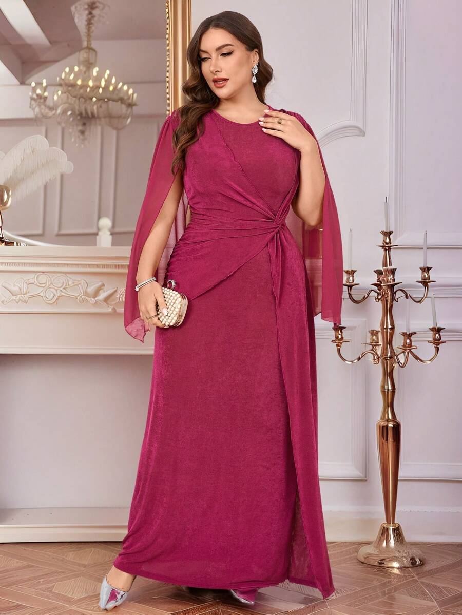SHEIN Clasi Plus Size Women Solid Color Round Neck Split Sleeve Waist Twist Elegant Dress - Red Violet - View 1